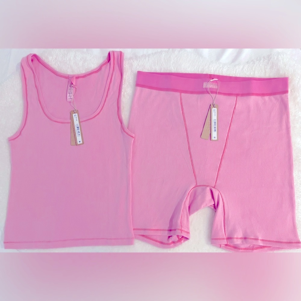 SKIMS NWT Size L - SKIMS Cotton Rib Tank and Boxer Set in Bubble Gum VALENTINE